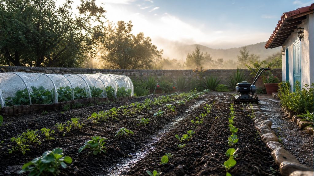 Huerto preparado con motoazada al comienzo de la temporada de cultivo