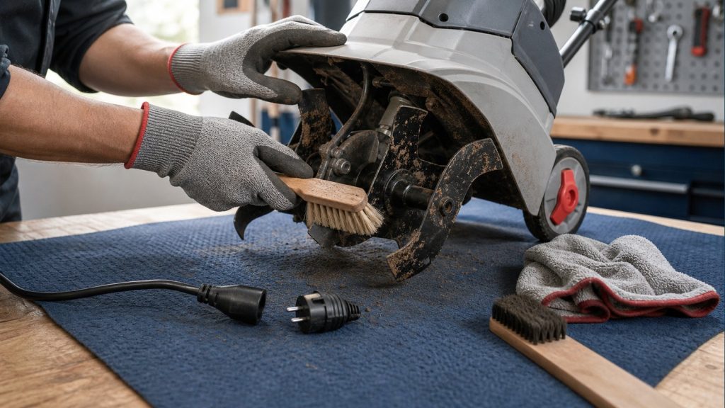 Limpieza segura de las cuchillas de una motoazada eléctrica