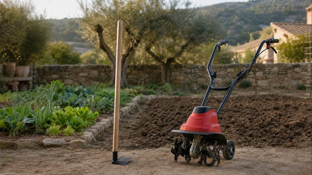 Azada manual y motoazada eléctrica junto a un huerto doméstico