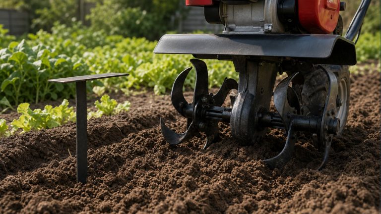Cuchillas de una motoazada trabajando la tierra a la profundidad adecuada